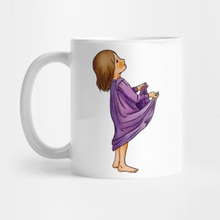 Cute little blond toddler girl in purple jammies is ready to catch something in her held out pyjamas. Mug